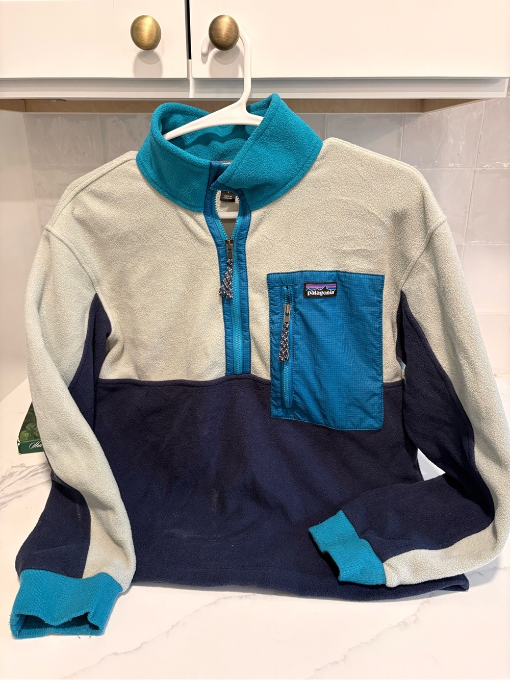 Patagonia boy’s Colorblock Fleece Pullover - Teal, Navy, Light Gray